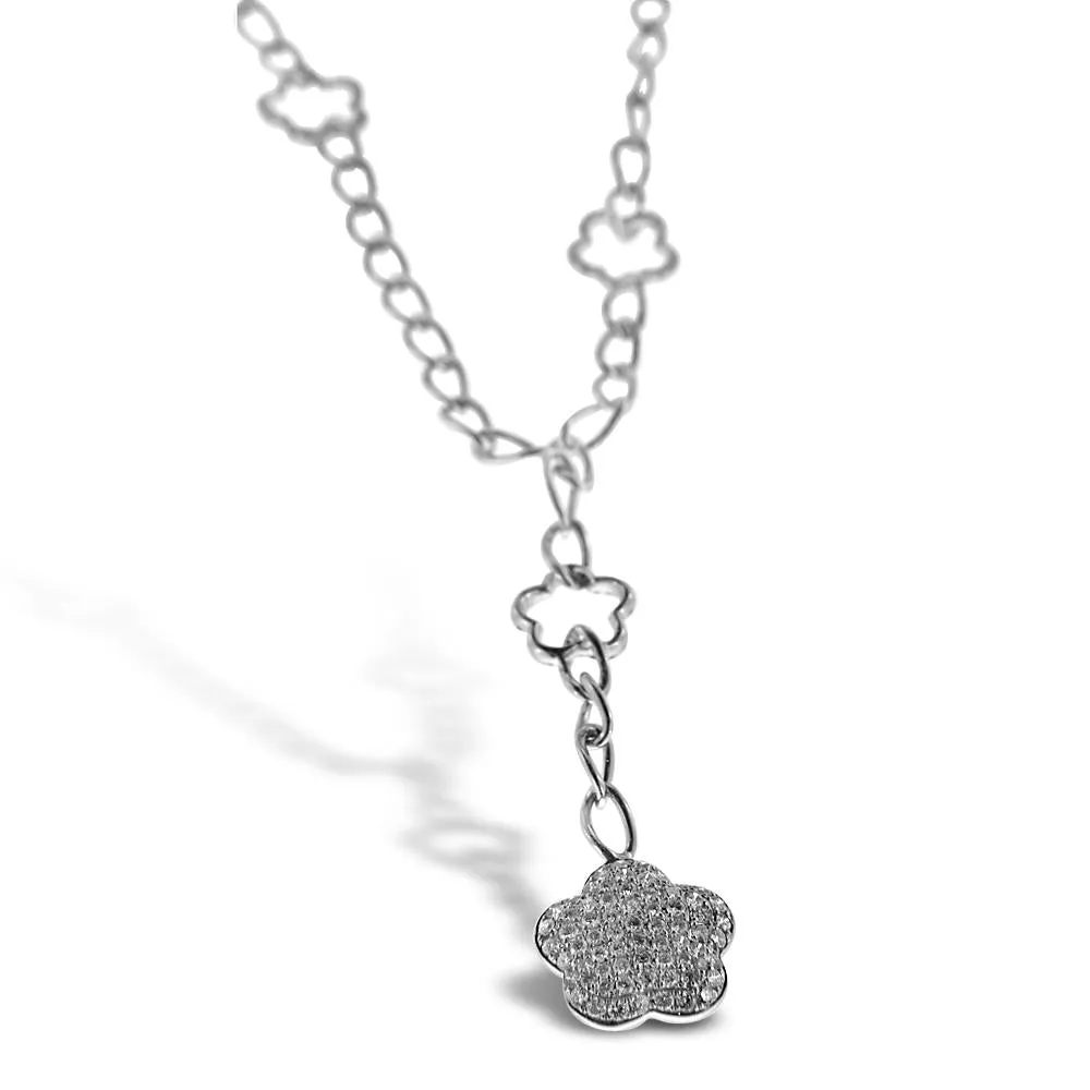 18K White Gold Necklace with Floral Diamond Pendant And Round Cut Diamonds 1.50CT