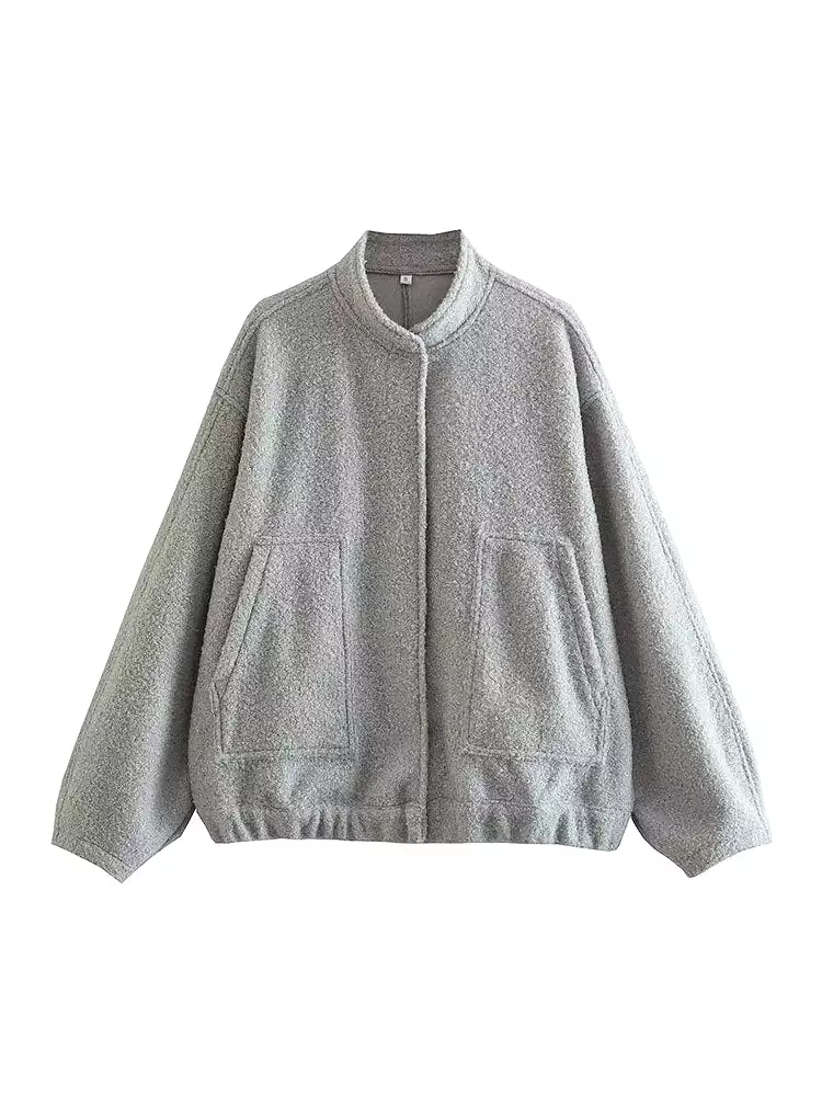 2023 Spring Warm Gray Long Sleeve Bomber Jacket Women's Outerwear With Button Pockets Jacket Coat Thicken Coat Top For Women