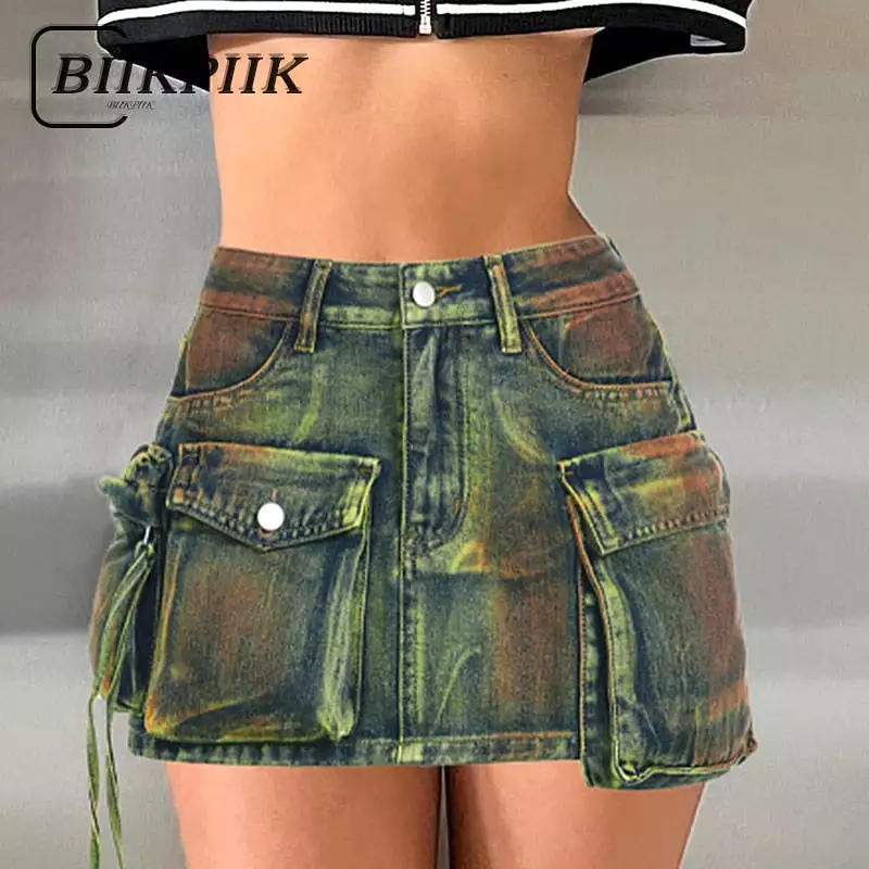 Ashore ShopWomen Asymmetrical Pockets Denim Skirts Sexy Fashion High Waist Skirts Female Clubwear Concise Y2K All-match Outfits