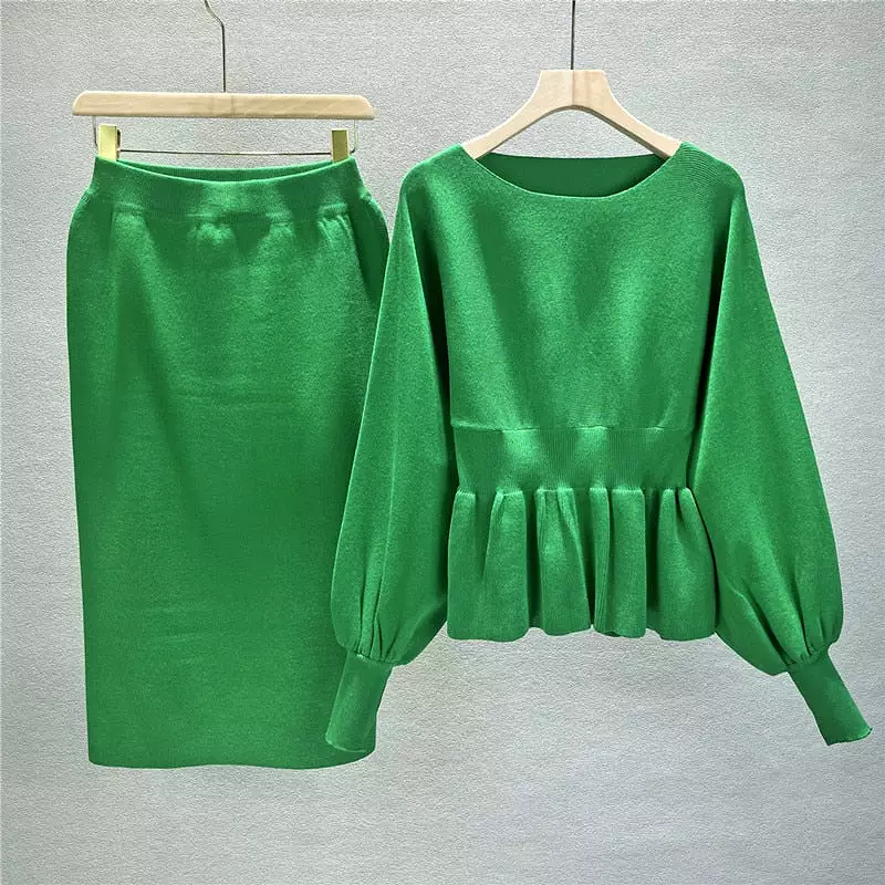 Autumn Elegant Two Piece Set Women Lantern Long Sleeves Crop Tops and Skirts Sets