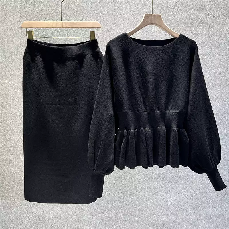 Autumn Elegant Two Piece Set Women Lantern Long Sleeves Crop Tops and Skirts Sets