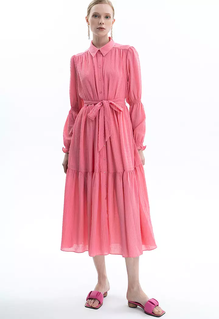 Crinkled Solid Tiered Dress With Belt