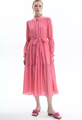 Crinkled Solid Tiered Dress With Belt