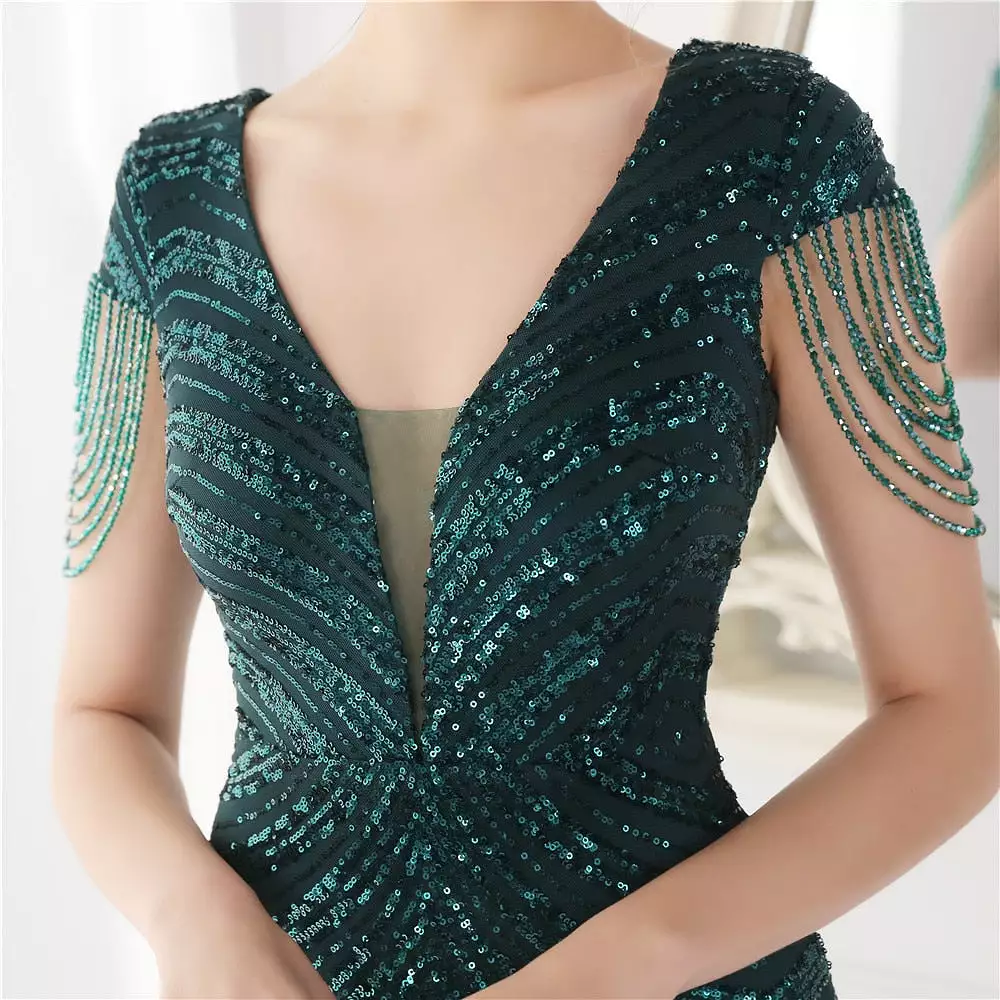 Deep V Neck Green Sequin Evening Dress Sexy Party Maxi Dress Women Beading Dress Long Prom Dress