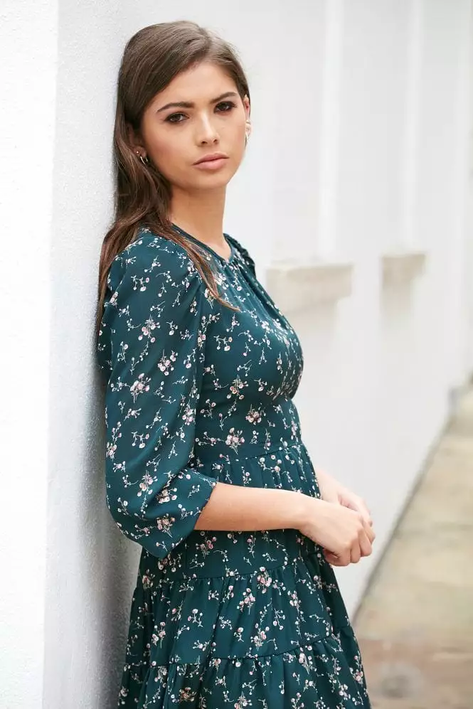 Double Second Teal Floral Tiered Dress