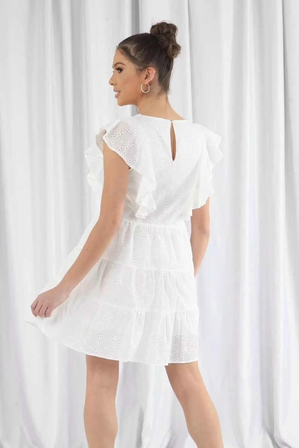 Double Second White Broderie Frill Sleeve Tiered Dress