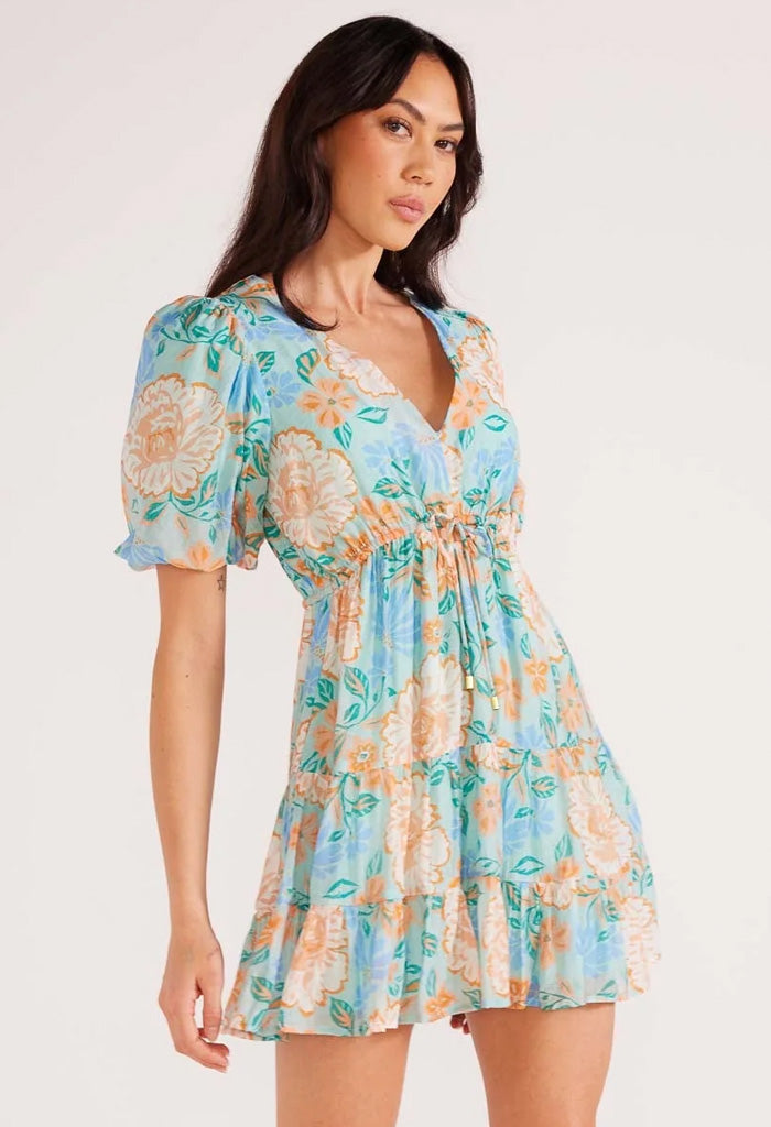 Evelyn Puff Sleeve Mini Dress-Mint/Floral