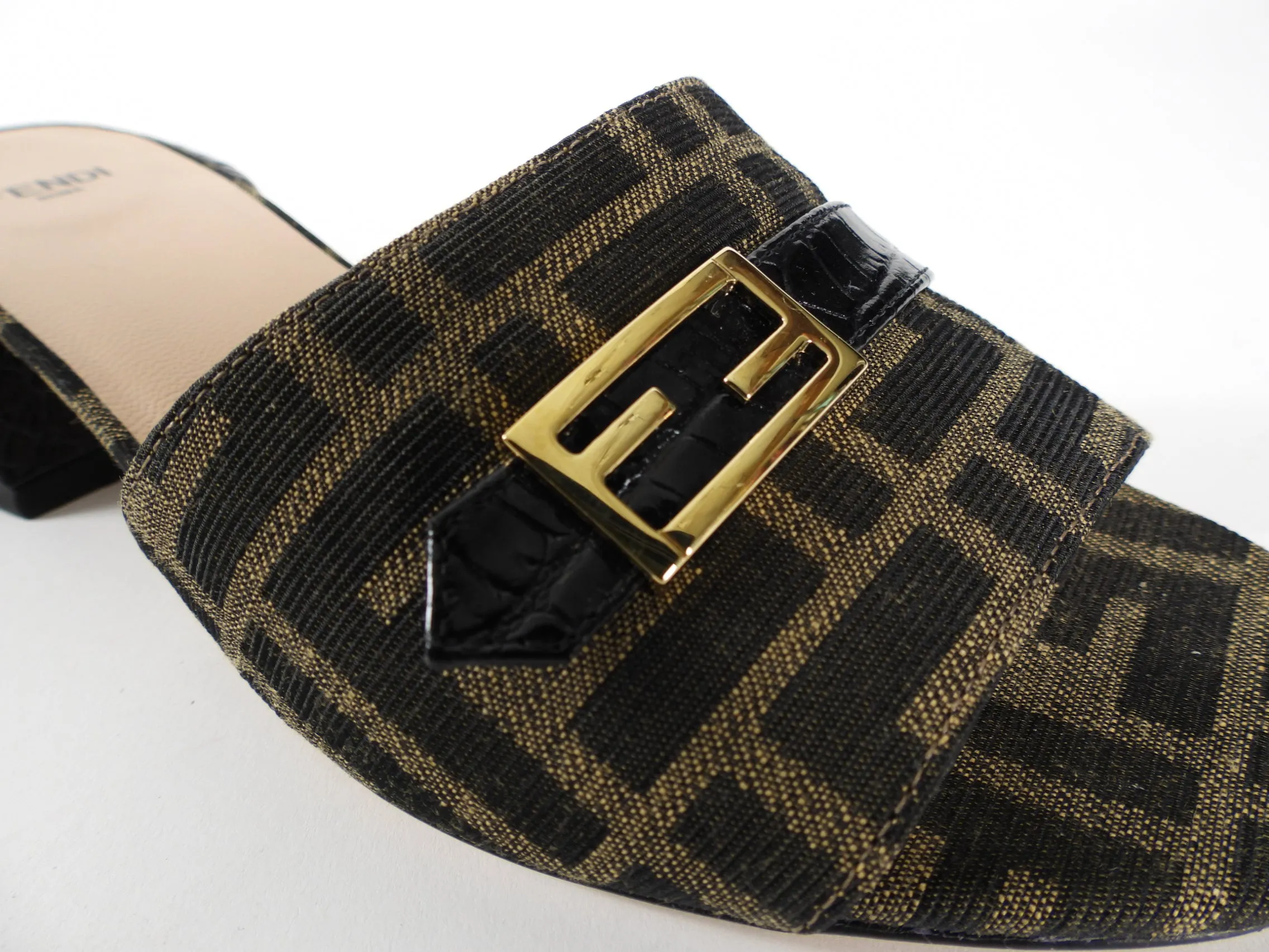 Fendi FF Brown Zucca Canvas and Black Croc Embossed Logo Buckle Mules - 38