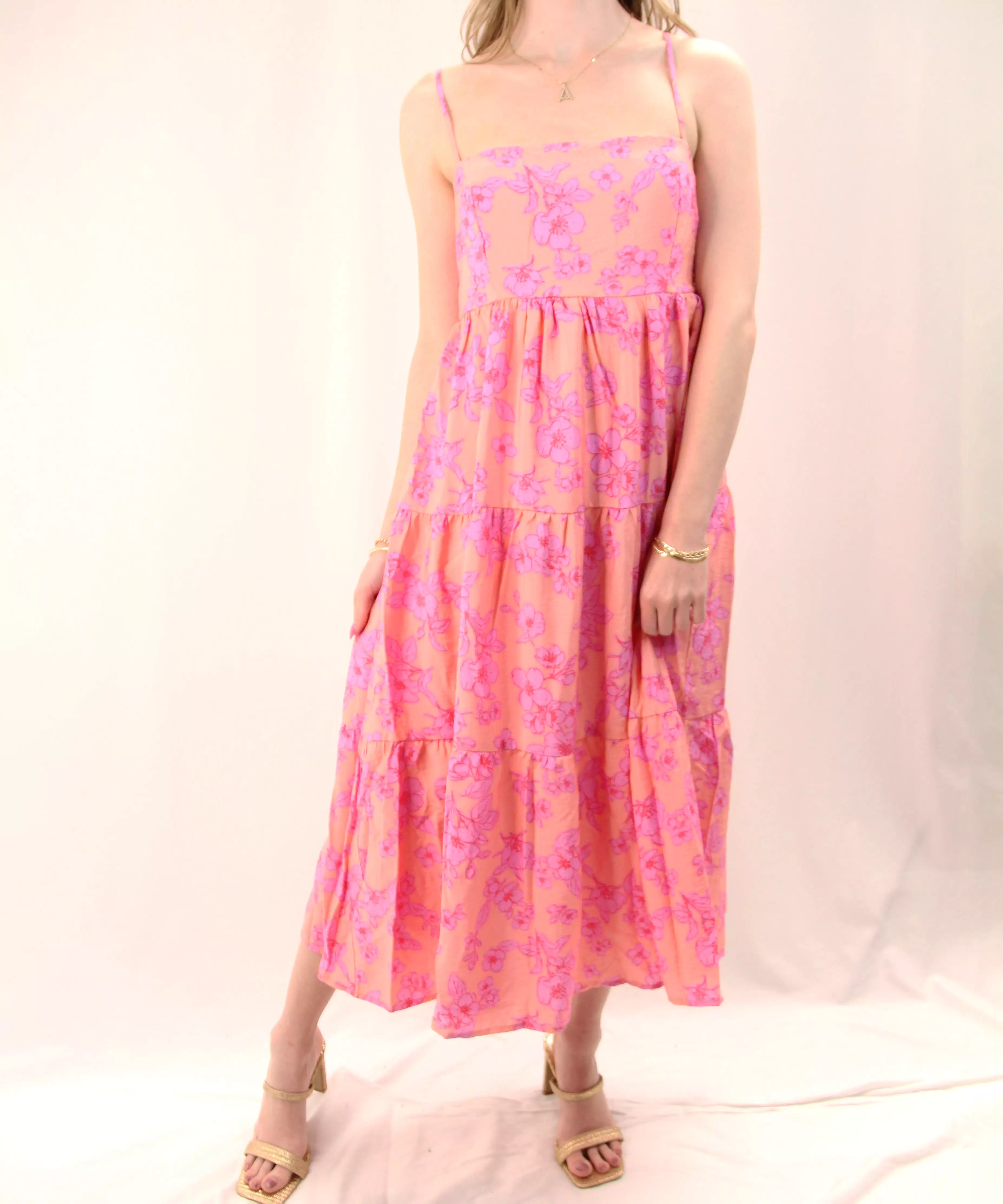 Floral Midi Dress with Smocked Back - Peach/Pink