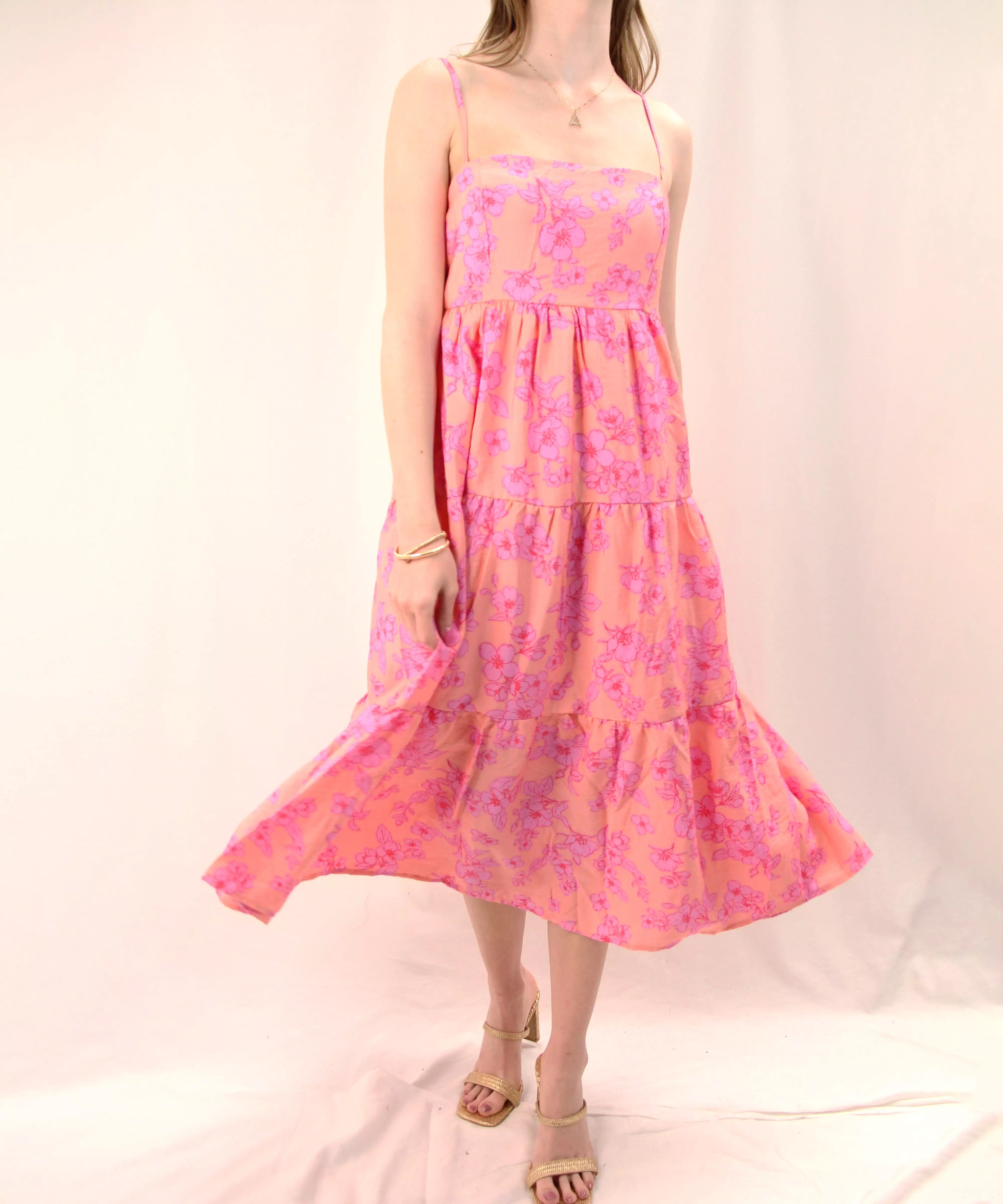 Floral Midi Dress with Smocked Back - Peach/Pink