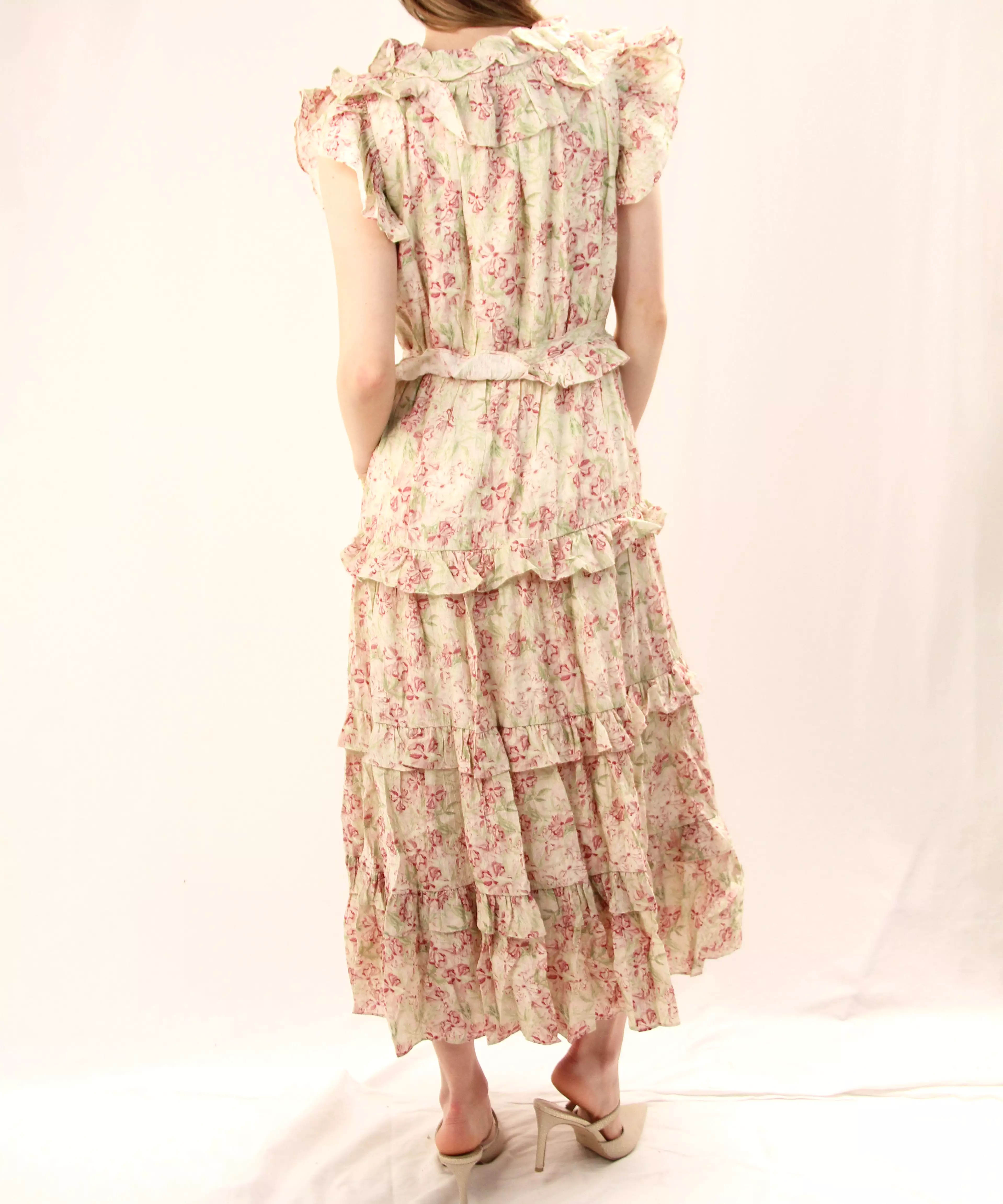 Floral Print Ruffle Midi Dress - Ivory/Red Green Floral