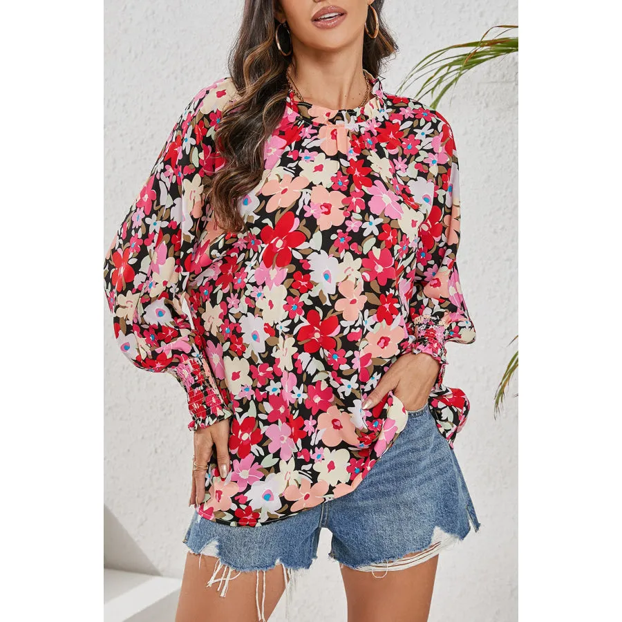 Frill Floral Mock Neck Lantern Sleeve Blouse