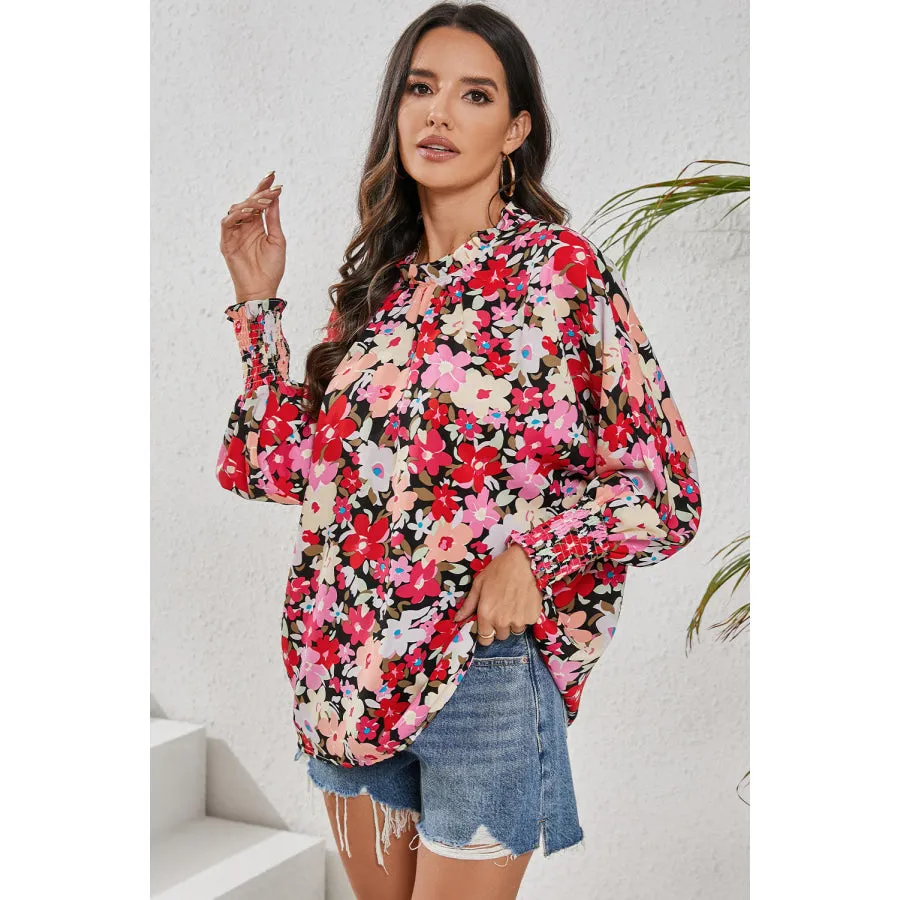 Frill Floral Mock Neck Lantern Sleeve Blouse