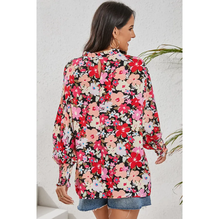 Frill Floral Mock Neck Lantern Sleeve Blouse