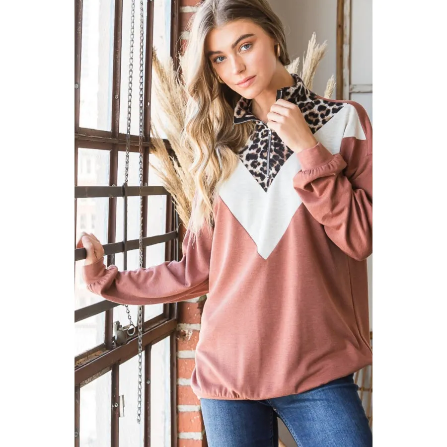 Heimish Full Size Leopard Quarter Zip Mock Neck Sweatshirt