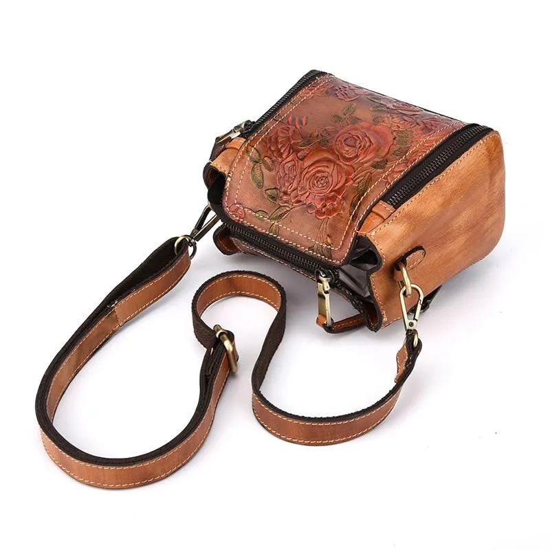 High Quality Natural Skin Floral Tote Crossbody Coffee Brown Messenger Handbag on Clearance