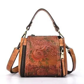 High Quality Natural Skin Floral Tote Crossbody Coffee Brown Messenger Handbag on Clearance