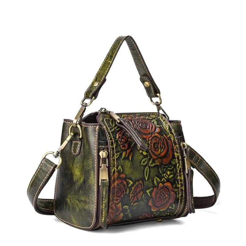 High Quality Natural Skin Floral Tote Crossbody Coffee Brown Messenger Handbag on Clearance