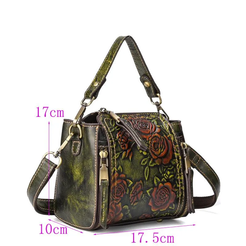 High Quality Natural Skin Floral Tote Crossbody Coffee Brown Messenger Handbag on Clearance