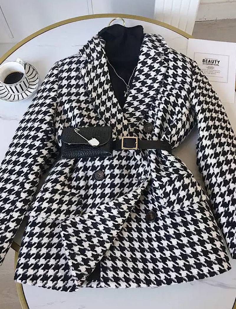 Houndstooth Long Sleeve Outerwear Belted Jacket