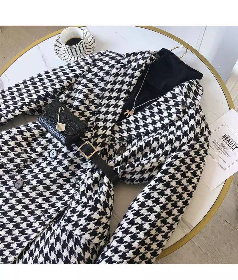 Houndstooth Long Sleeve Outerwear Belted Jacket