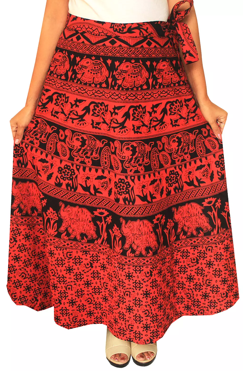 India Long Cotton Skirt Wrap Around Block Print Womens (Red)