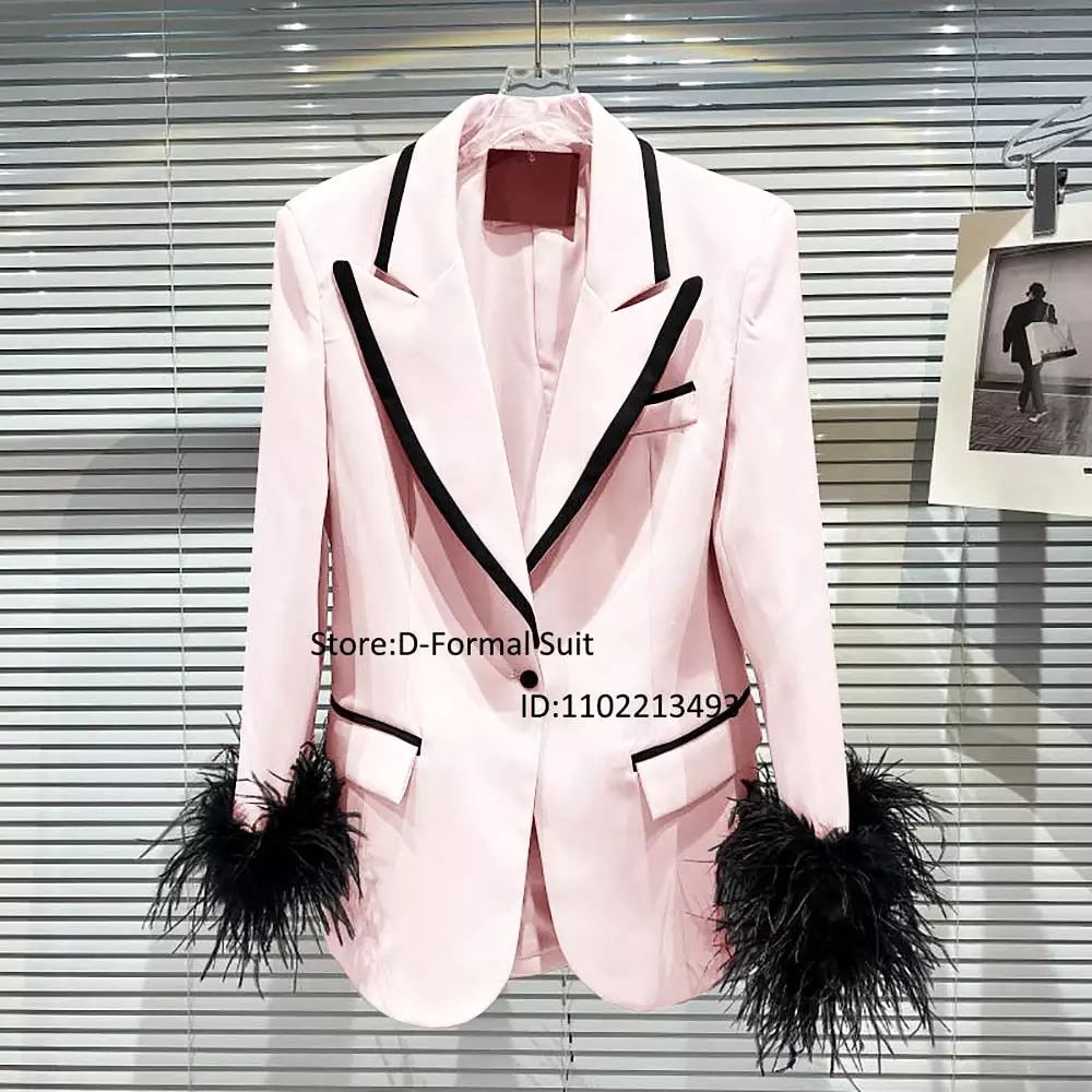 Jacket Women's Color Matching Fashion Feather Decoration Dress Luxury Custom 1 Button Blazer New in Outerwears Womens Clothing