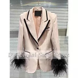 Jacket Women's Color Matching Fashion Feather Decoration Dress Luxury Custom 1 Button Blazer New in Outerwears Womens Clothing