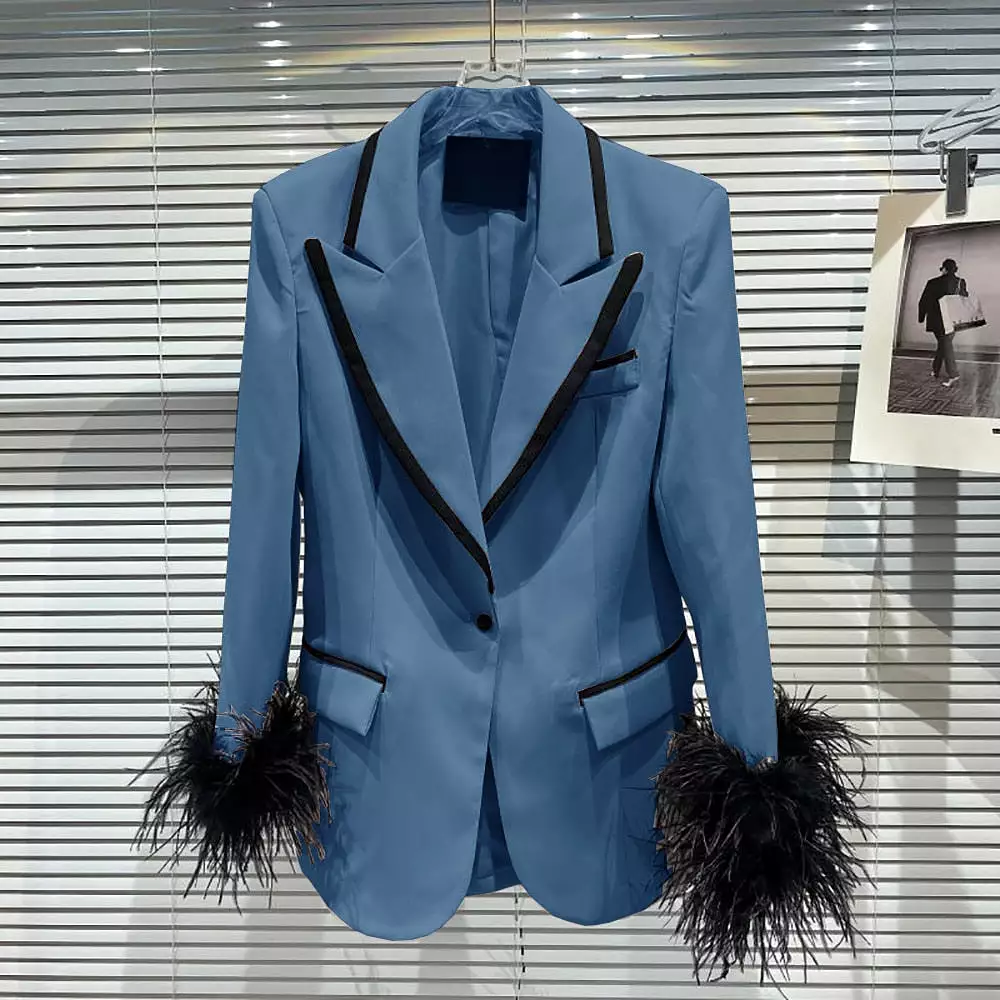 Jacket Women's Color Matching Fashion Feather Decoration Dress Luxury Custom 1 Button Blazer New in Outerwears Womens Clothing