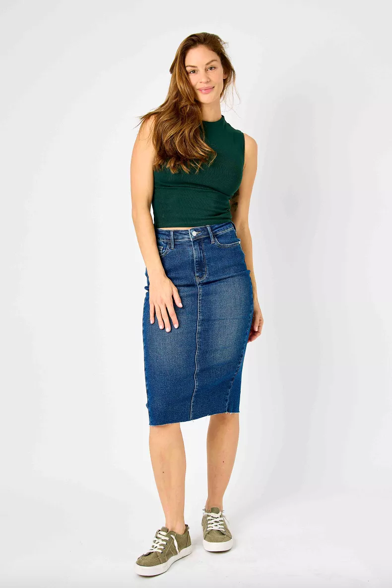 Judy Blue Denim Back Slit Raw Hem Skirt