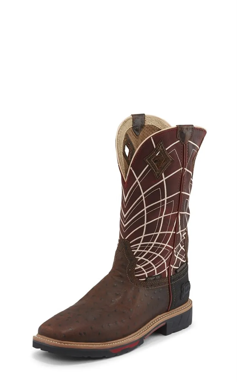 Justin Mens Boots WK4835 12 Derrickman Comp Toe" Brown Ostrich Print