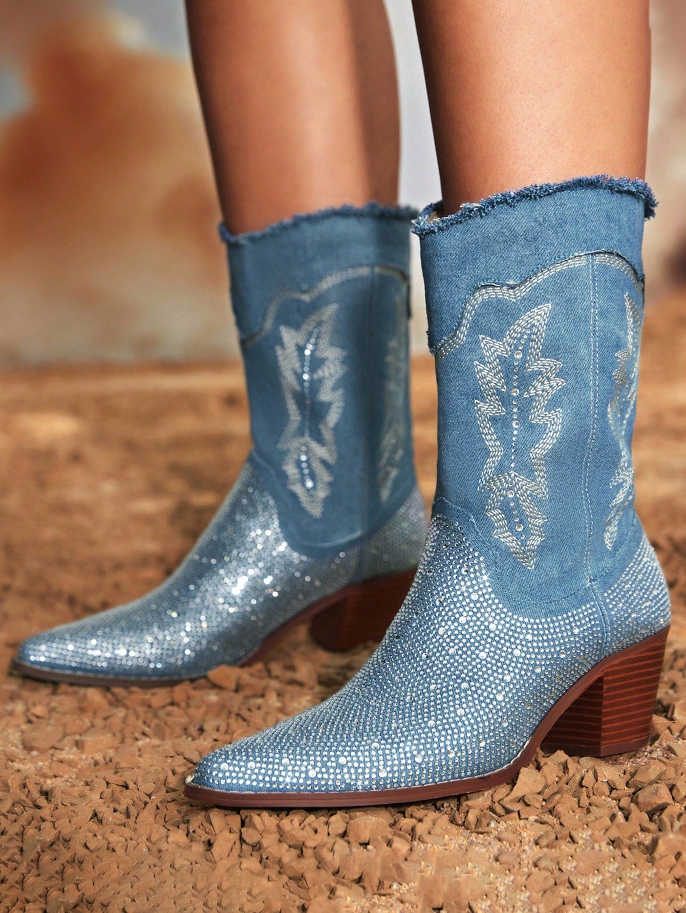 Ladies' Fashionable Rhinestone Decorated Denim Western Boots