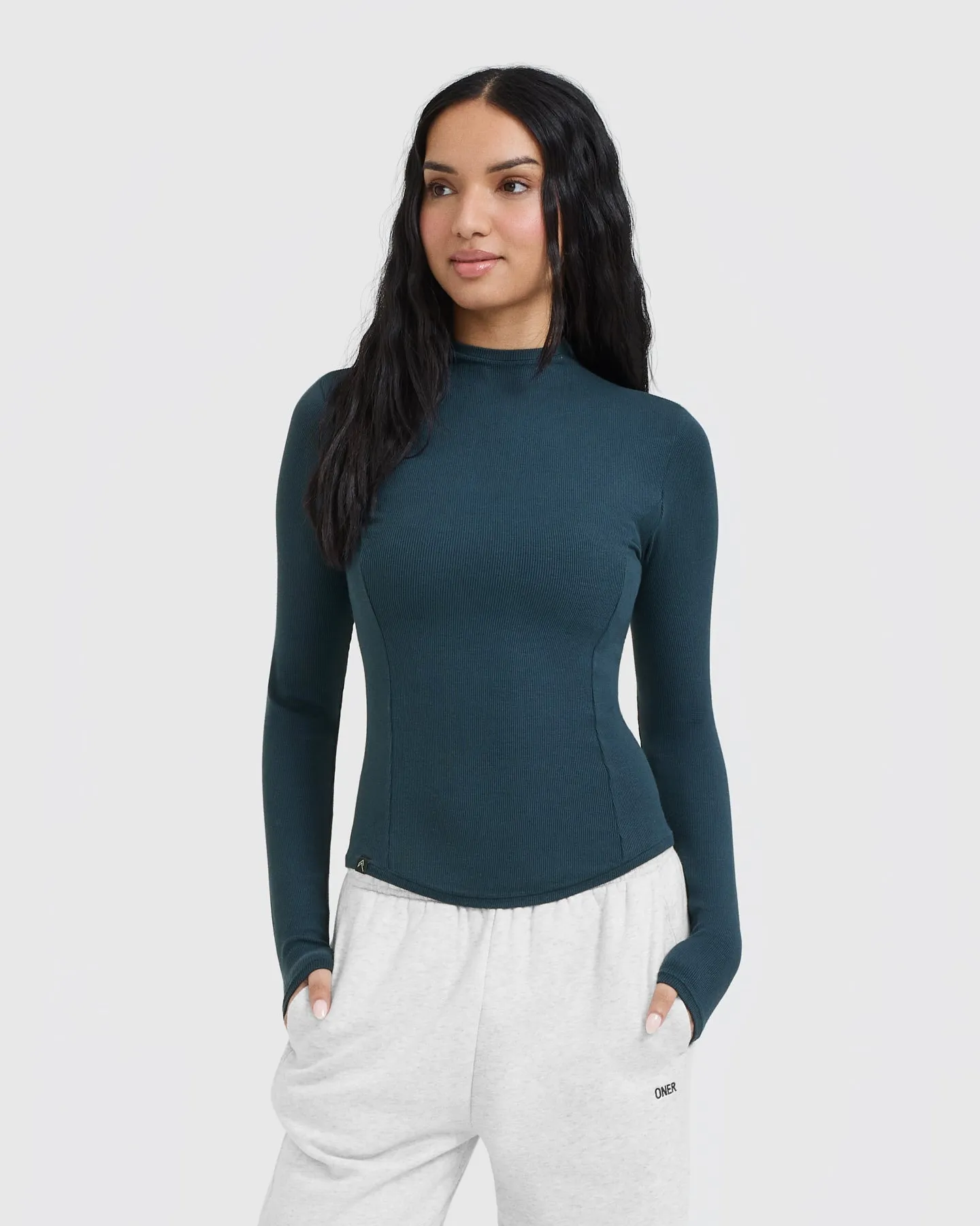 Mellow Rib Mock Neck Long Sleeve Top | Oil Blue