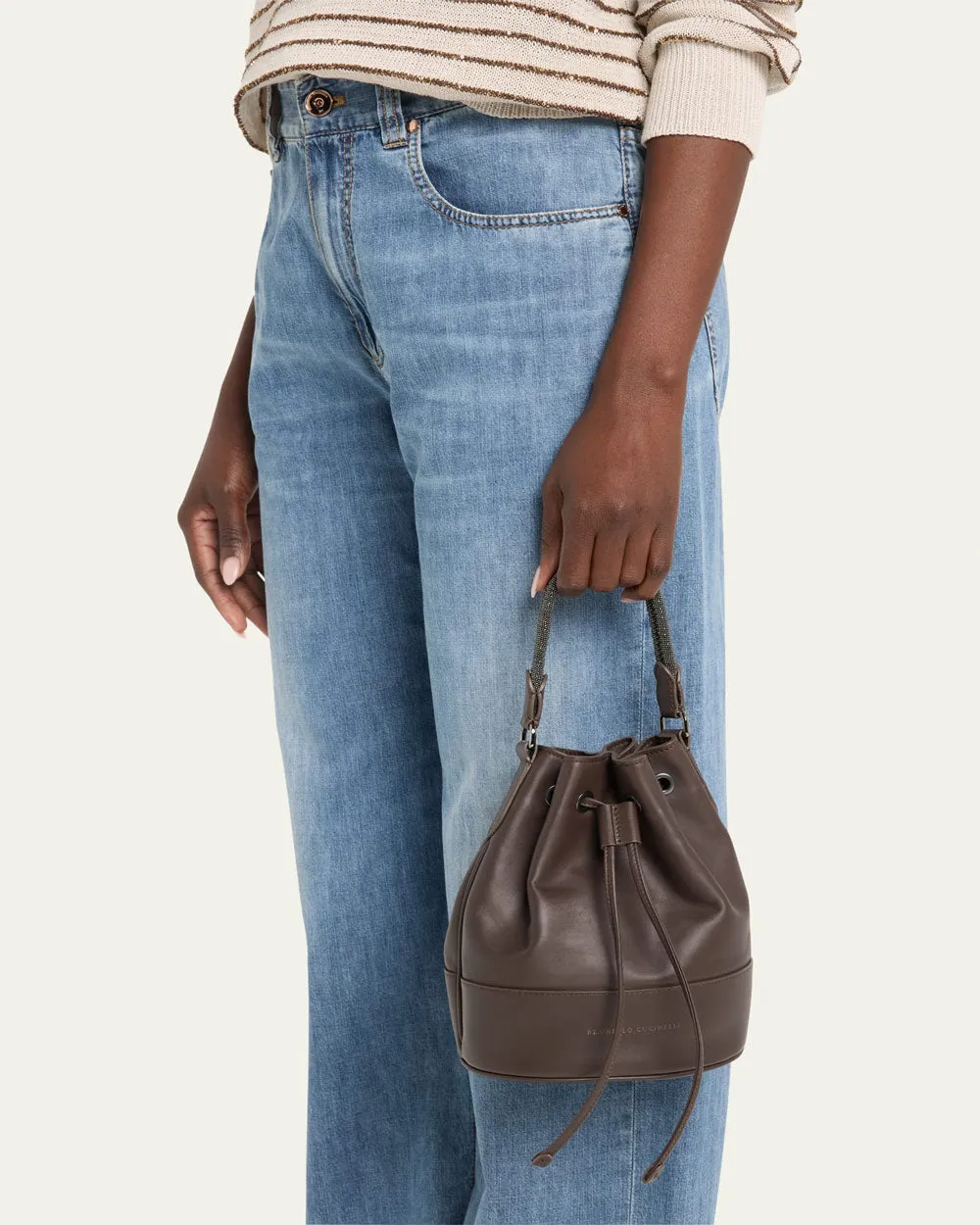 Monili Braided Leather Bucket Bag in Brown