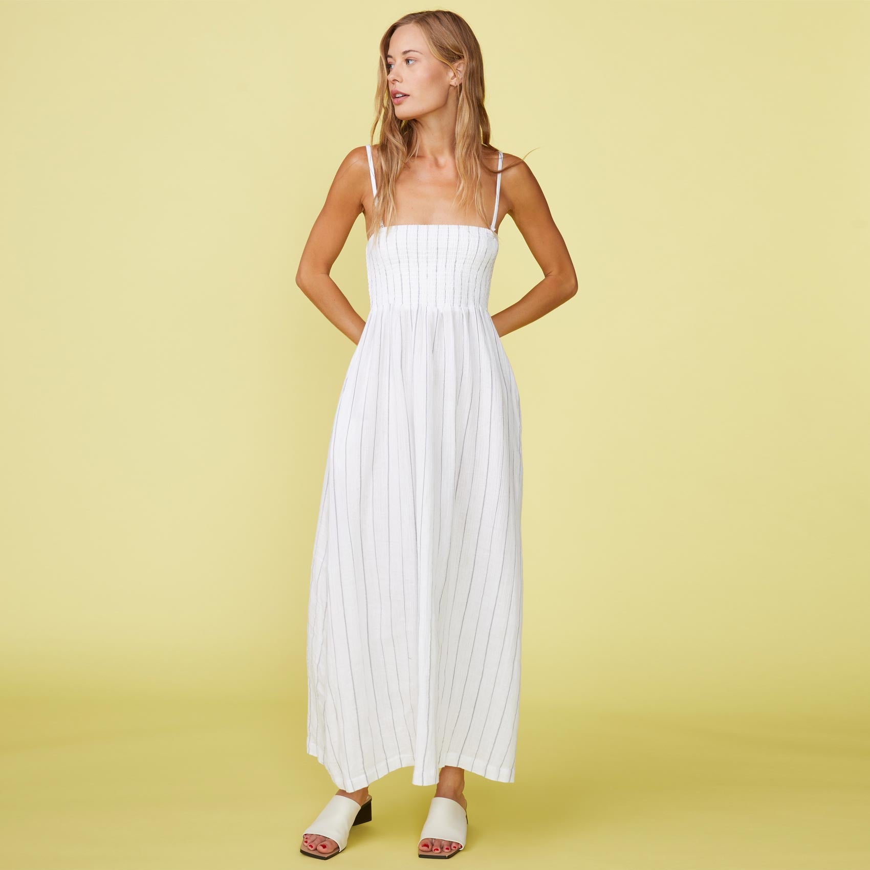 Pinstripe Gauze Smocked Maxi Dress