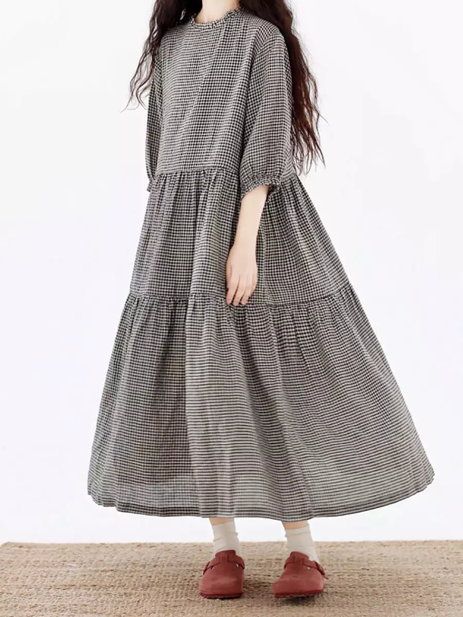 Plus Size Women Artsy Plaid Spliced 100%Cotton Tiered Dress SC1064