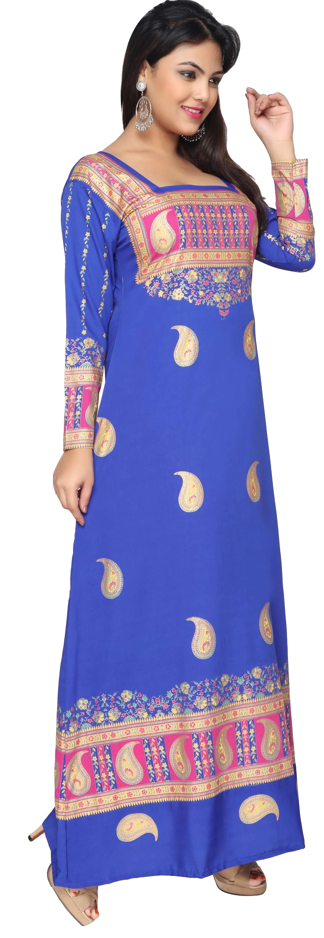 Printed Women's Caftan Long Evening Dress Long Sleeve (Blue)