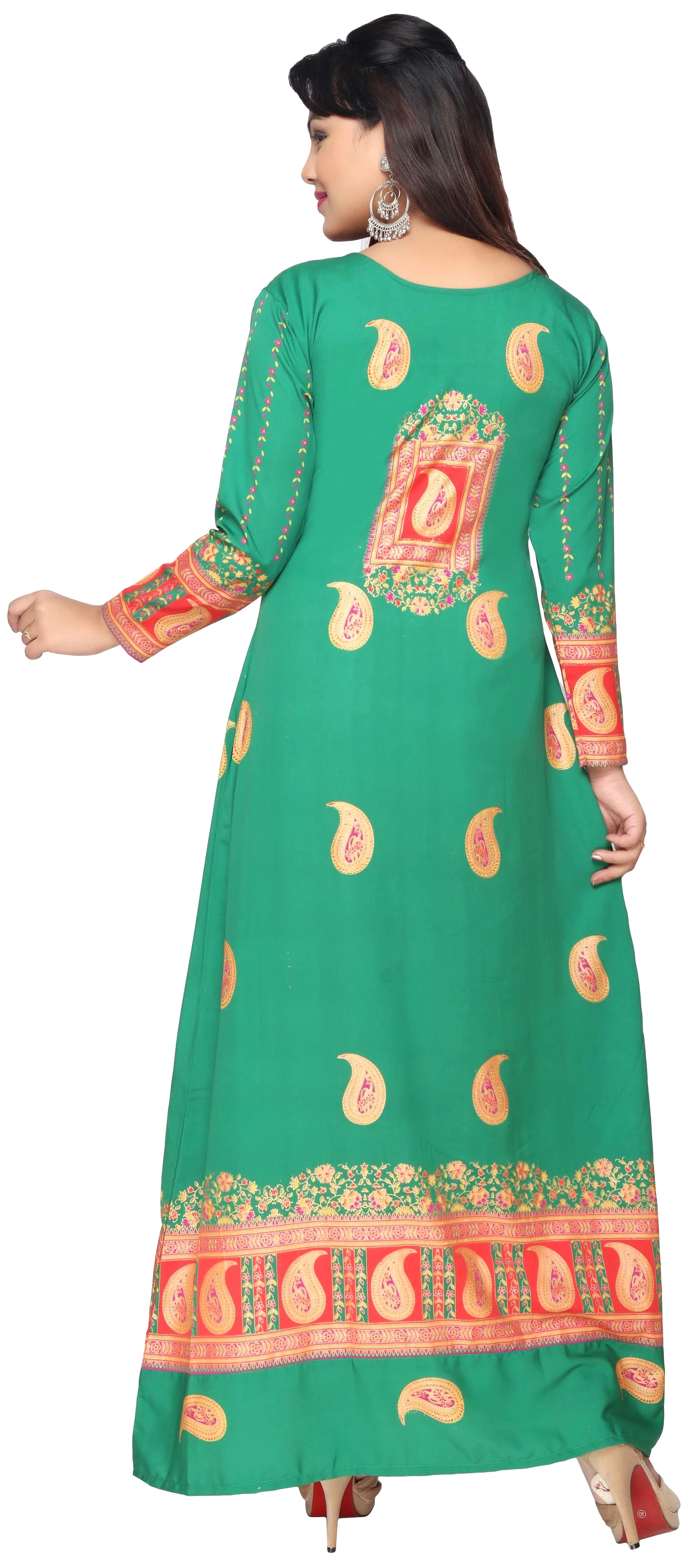 Printed Women's Caftan Long Evening Dress Long Sleeve (Green)