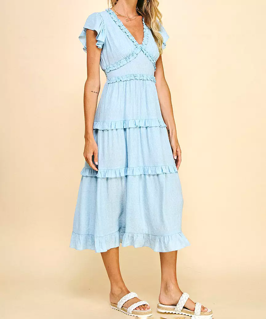 Ruffled Midi Dress - Pastel Blue