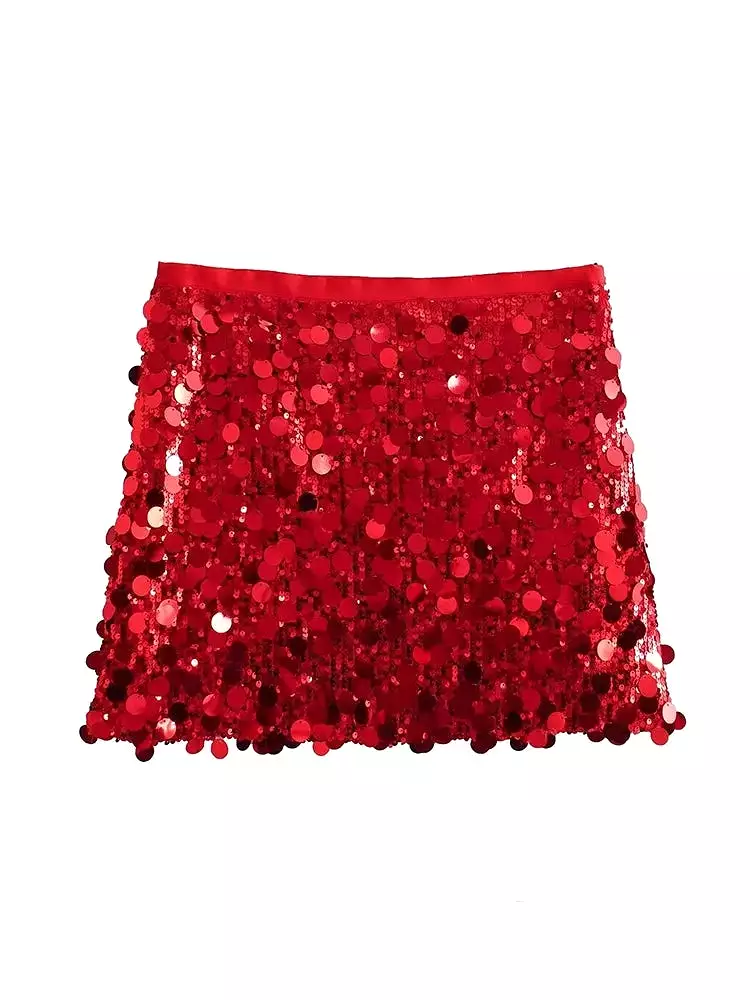 Sexy Chic Red Sequined Mini Party Skirts Fashion 2024 Sheath Elegant Evening Club Skirts Y2K Girl Shiny Skirts