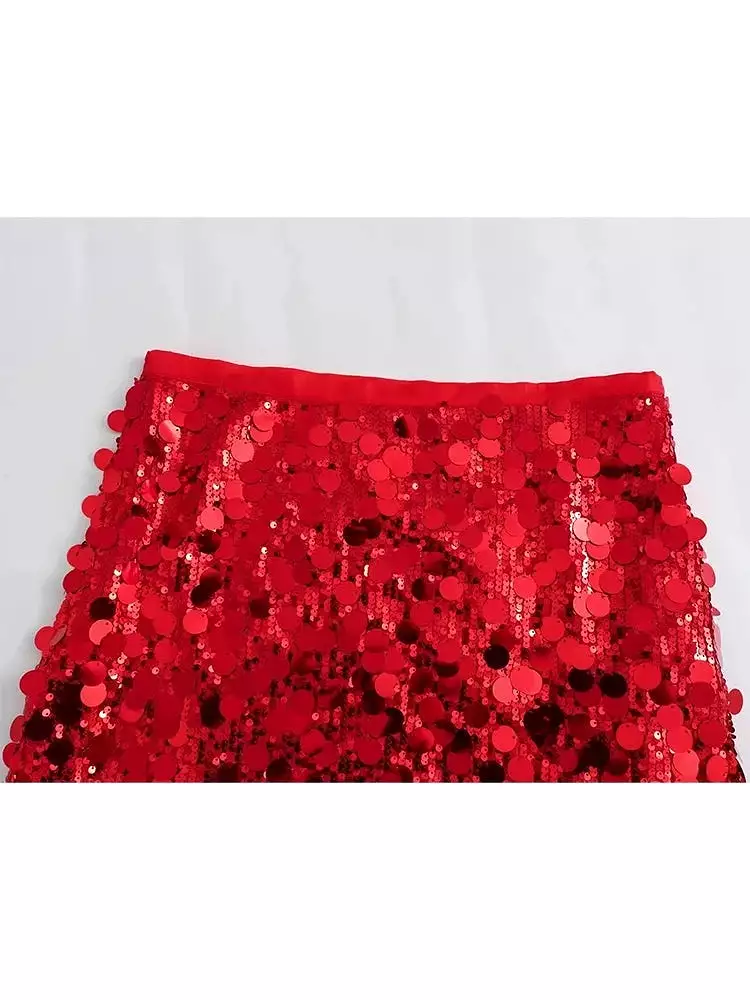 Sexy Chic Red Sequined Mini Party Skirts Fashion 2024 Sheath Elegant Evening Club Skirts Y2K Girl Shiny Skirts