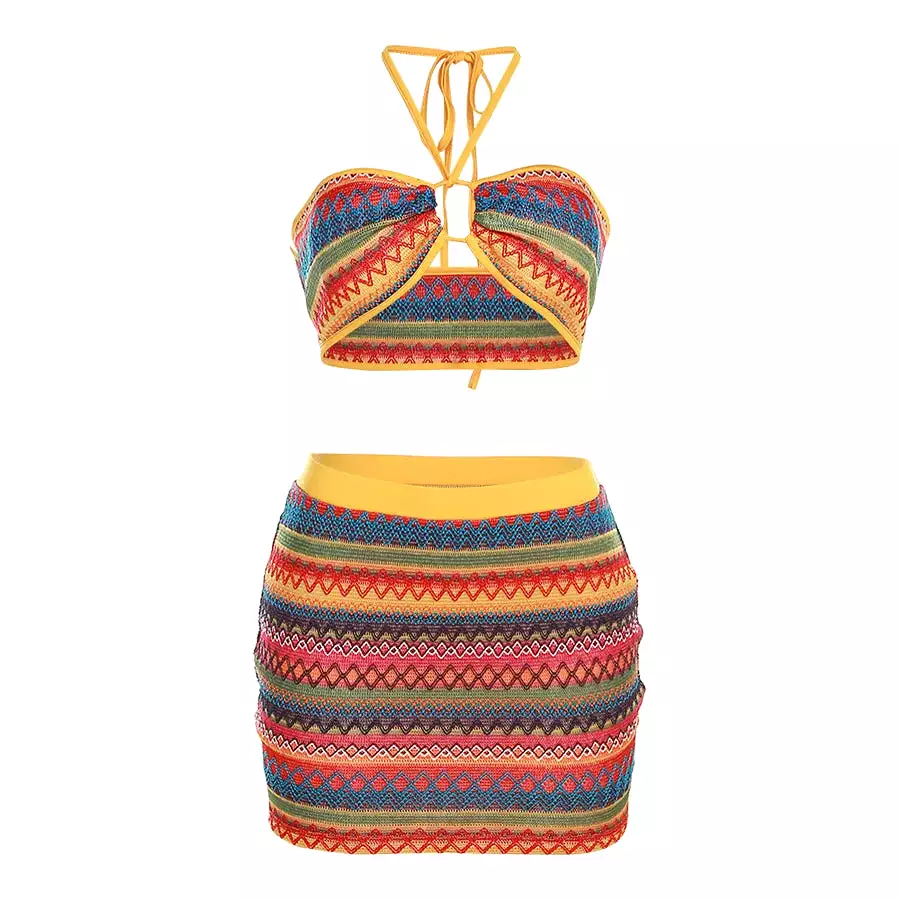 Sexy Halter Bandage Wrapped Swimwear Crop Top+Striped  Hip Skirts Colorful  Women Set