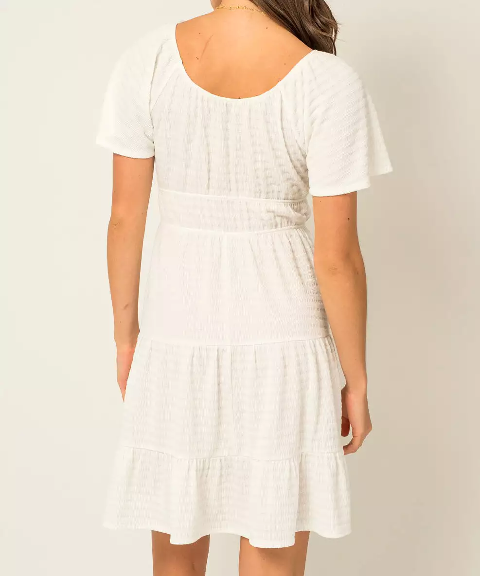 Short Sleeve Self Tie Dress - White