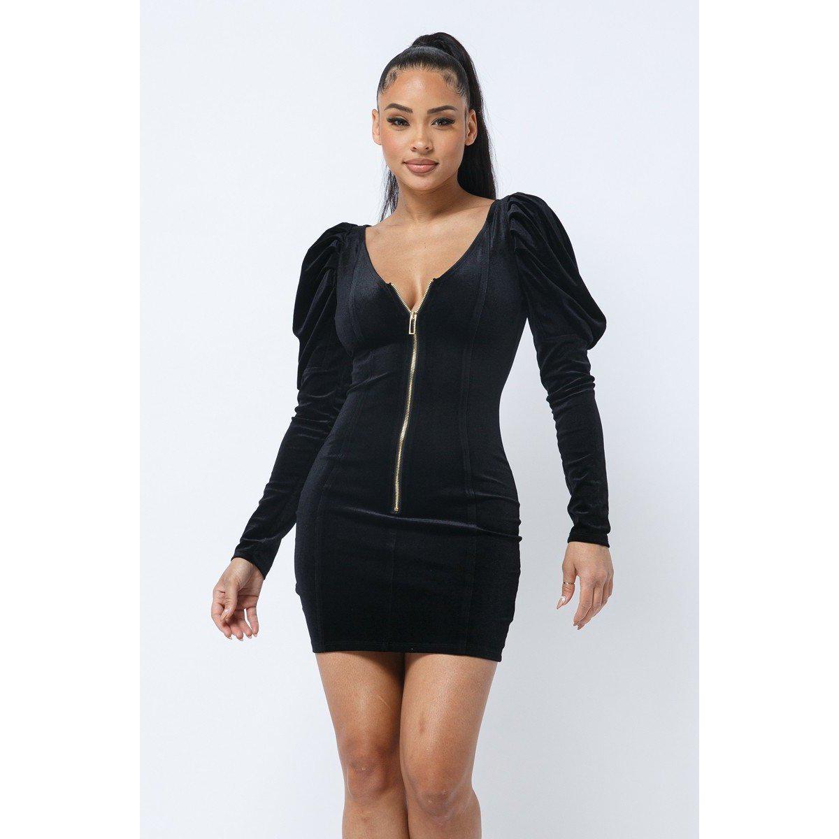 Soft Velvet Pleated Puff Sleeve Low V Neck Front And Back Mini Dress