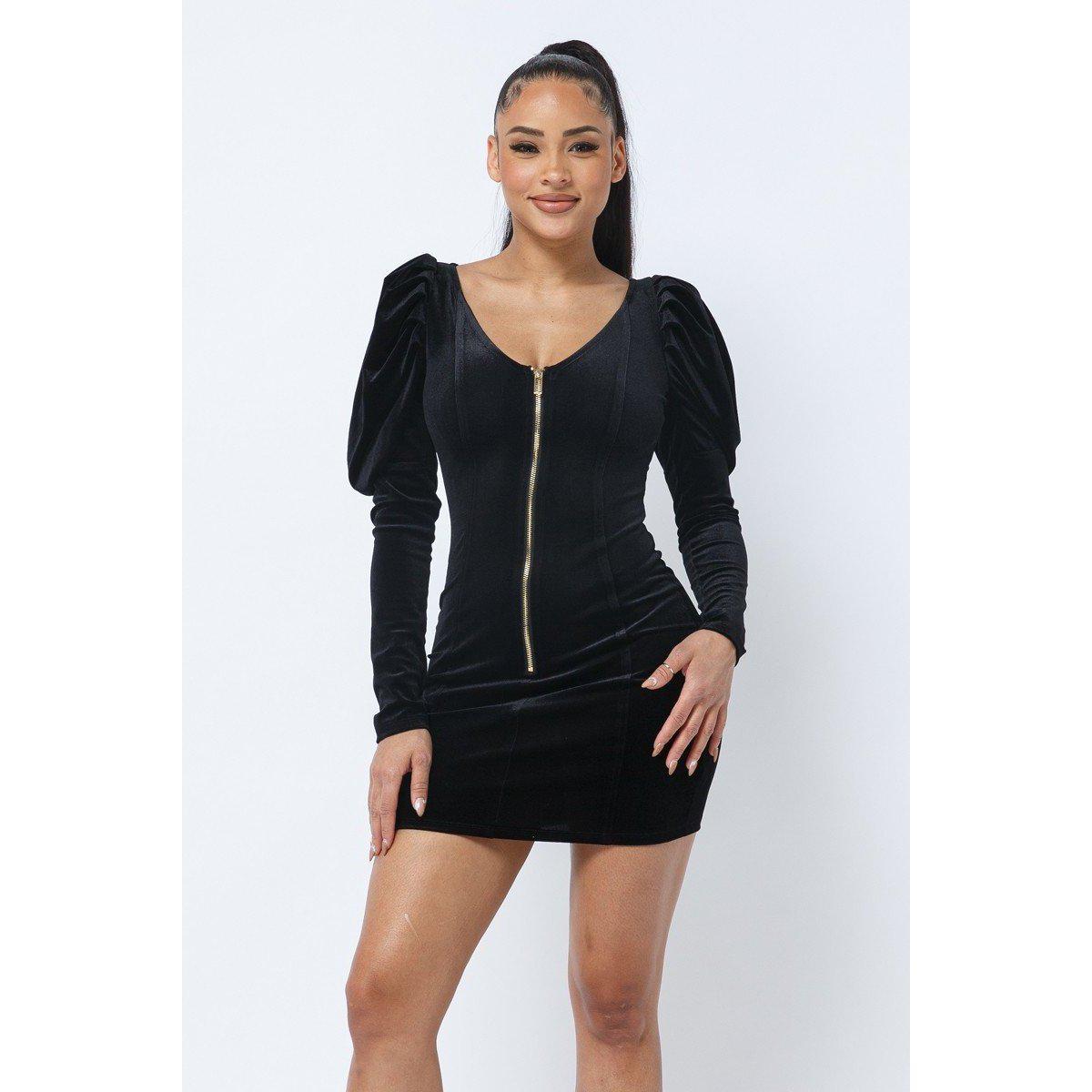 Soft Velvet Pleated Puff Sleeve Low V Neck Front And Back Mini Dress