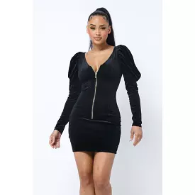 Soft Velvet Pleated Puff Sleeve Low V Neck Front And Back Mini Dress