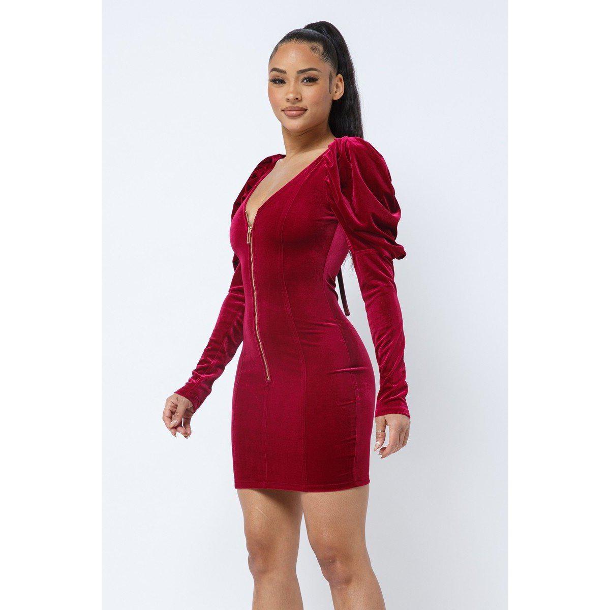 Soft Velvet Pleated Puff Sleeve Low V Neck Front And Back Mini Dress