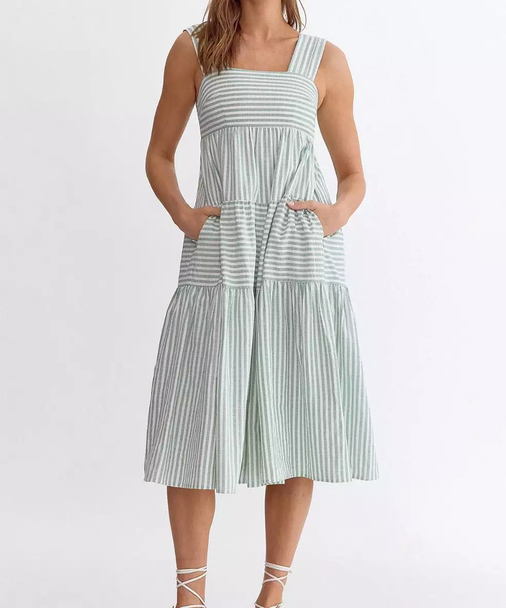 Stripe Square Neck Midi Dress - Green