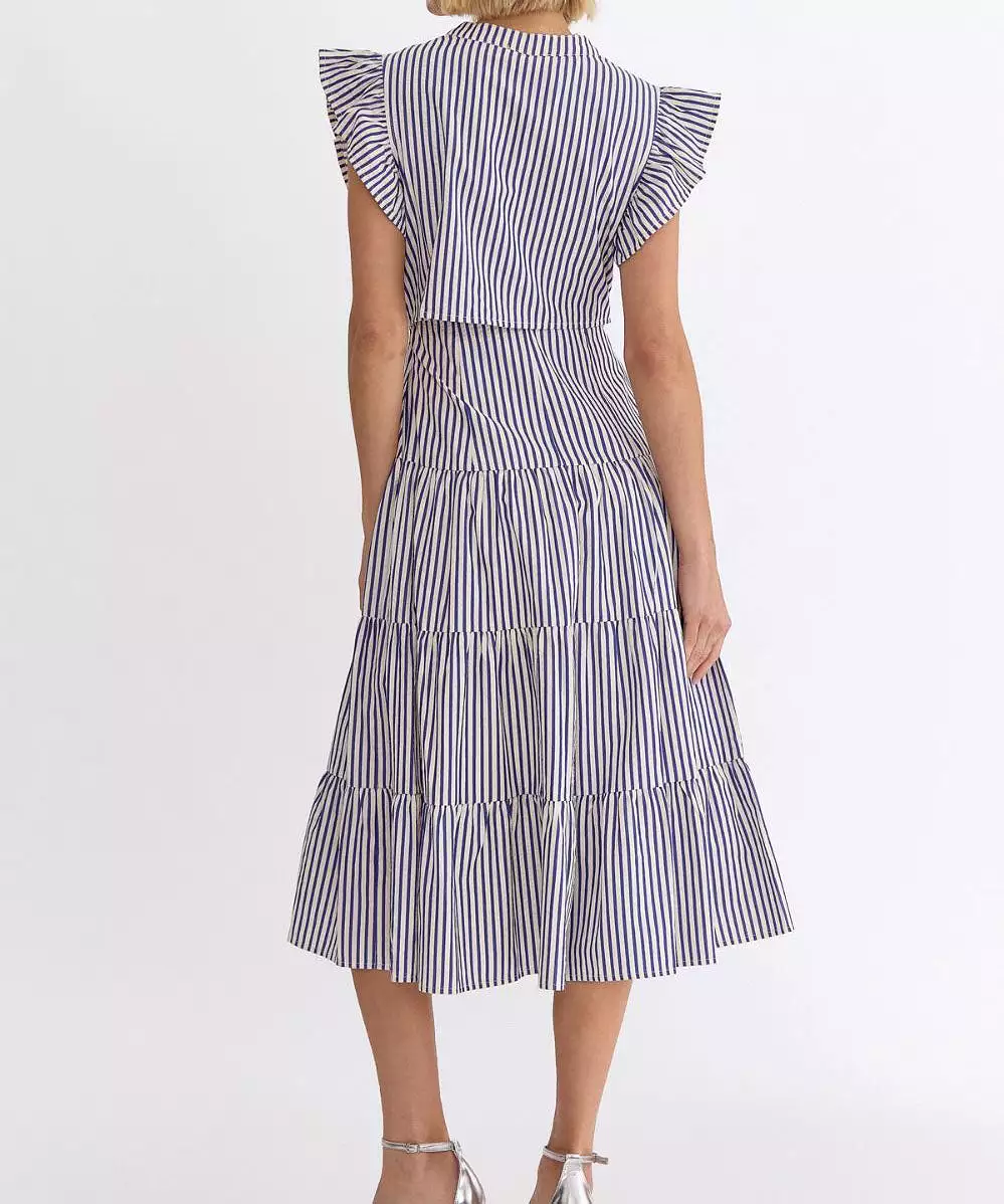 Stripe V-Neck Midi Dress - Blue - FINAL SALE