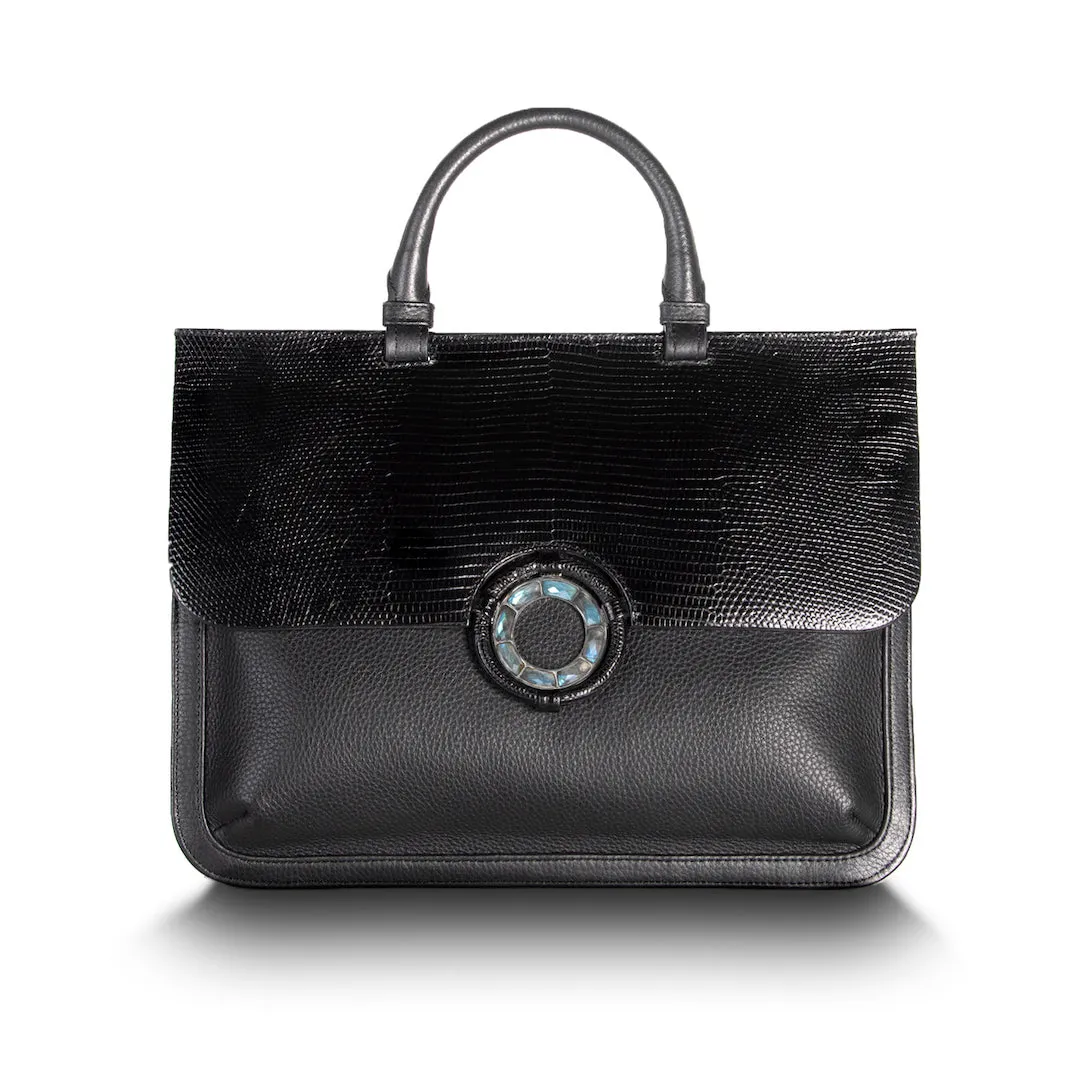 Sydney Convertible Satchel, Black Lizard & Leather, Labradorite Grommet